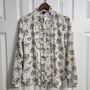 Ann Taylor Long Sleeve Front Ruffle Button Up White Floral Pattern, XS